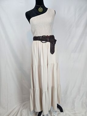 Zesica One-Shoulder Cream Maxi Dress With Smocked Bodice